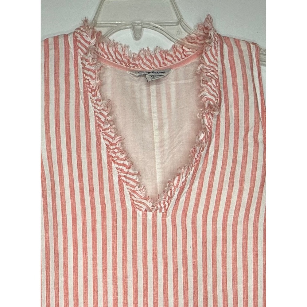 Midi Cabana Linen Shift Dress L Stripe Fringe Sleeveless Coastal Cruise Resort - Picture 5 of 11
